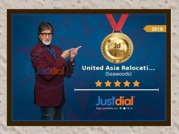 Justdial recognition certificate for United Asia Relocation